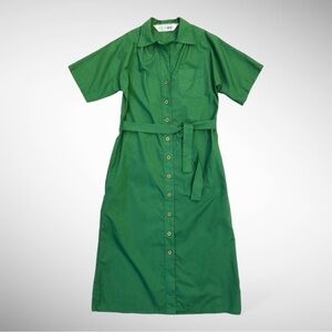 Vintage 70s Huk-A-Poo Green Cotton Button Tie-Waist Shirt Dress w/Side Pockets